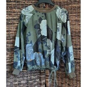 Anthropologie Tiny Ivy Floral Drawstring Waist Blouse Women's XS Green Bohemian